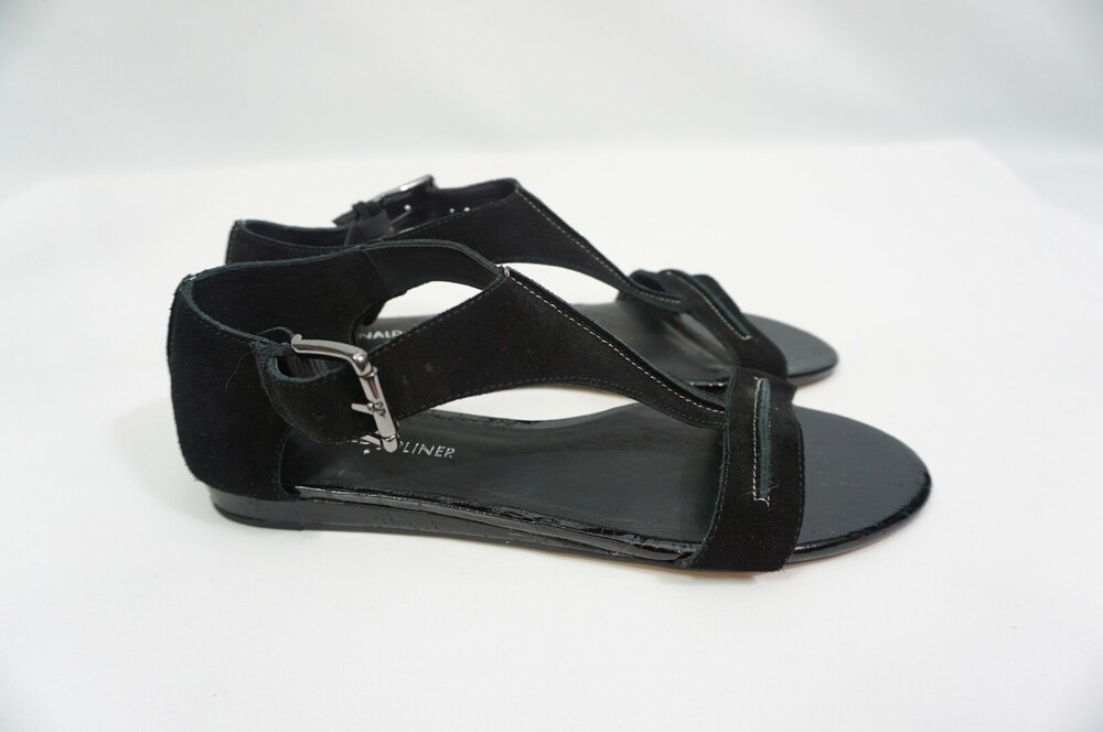 Donald J Pliner Blk T Strap/Ankle Sandal Used 7.5 Suede/Crinkle Patent Bravo-23